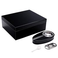 Woodronic Handmade Humidor Cigar Box Black 30 to 50 Counts, High Gloss Cigar Humidor for Men with Spanish Cedar Lining, Desktop Cigar Gift Set with Cutter Hygrometer Humidifier and Ashtray