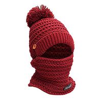 Theoylos Womens Winter Knit Beanie Hat Neck Scarf Faux Fur Pompom Ear Warm Hat Ladies Warm Ski Cap Windproof Ski Cap Red