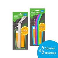 DELUXE RE-USABLE DRINKING STRAW SET - 3 PACK SILICONE, 3 PACK STAINLESS STEEL WITH 2 CLEANING BRUSHES