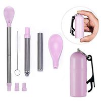 Portable Reusable Drinking Straws - Telescopic Stainless Steel Metal Straw with Replaceable spoon head & Cleaning Brush+Bottle opener(Purple)