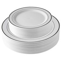 Select Settings [60 COUNT] White with Silver Rim Plastic Disposable Plates: 30 Dinner Plates and 30 Salad Plates