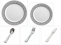100 Pieces Premium Plastic China Plates Silverware Combo for 20 Guests WHITE with SILVER LACE Border and SILVERWARE Elegant Disposable Dinnerware - Weddings, Banquets, Parties Heavyweight Plastic