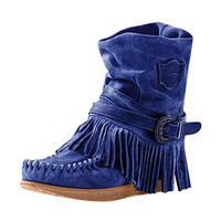 LATINDAY Rome Style Women's Ethnic Ankle Boots Winter Suede Tassel Short Boot Fringe Pleated Boots Blue
