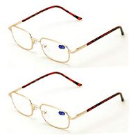 2 Pairs Rectangular Lightweight Reading Glasses - Simple Classic Slim Thin Reader (Gold, 1.25)