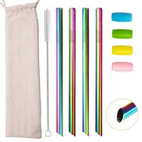Reusable Boba Smoothie Straw Rainbow Metal Straws Wide Thick Fat Angled Tip Sharp End Milkshake Jumbo Bubble Tea Straws with Carry Case Bag Silicone Tips Cleaning Brush 12mm 0.5in 4 Pack
