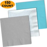 150 Lunch Napkins, Shimmering Silver, Bright White, Island Blue - 50 Each Color. 2 Ply Paper Dinner Napkins. 6.5" folded, 13.5" unfolded.