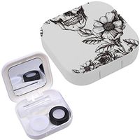 Portable Contact Lens Case Box Travel Kit Mirror + Bottle + Tweezers Container Holder [ Human Skull Flower Wreath Roses ]