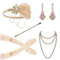 Zivyes 1920s Accessories Headband Necklace Gloves Cigarette Holder Flapper Costume Accessories for Women (Set 110)