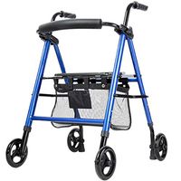 ECHOV Walking Mobility Aid Elderly Walker with Seat Trolley 4-Wheel Folding Aid Multi-Function Adjustable Armrests with Storage Basket (Color : Blue, Size : 80-97cm)