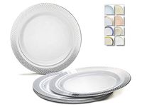 " OCCASIONS" 120 Plates Pack, Heavyweight Disposable Wedding Party Plastic Plates (6.25'' Dessert/Bread Plate, Celebration in White & Silver)