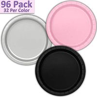 96 Paper Dinner Plates (9") - Light Pink, Silver, Black - 32 Per Color, 3 Colors - Great Assortment for Birthday Parties, Weddings, Holidays, Baby Shower, Celebrations, and more
