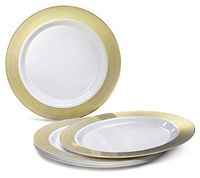 " OCCASIONS" 240 Plates Pack, Heavyweight Disposable Wedding Party Plastic Plates (10.5'' Dinner Plate, Linen in White & Gold)