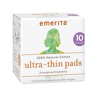 Emerita Natural Cotton Ultra Thin Pads, Overnight with Wings, Individually Wrapped, 10 Count