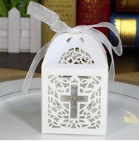 Krismile Hot selling 50x Laser Cut Wedding favor box in Pearl color candy box wedding party show gifts paper box (with ribbon) (White)