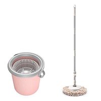 SSN Rotary mop bar Hand-Free mop efficient Dehydration Cleaning mop Bucket Round Microfiber mop Head Household Wood Floor Tile with Bucket mop (Color : Pink)