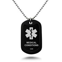 Kriskate & Co. Custom Engraved Medical Alert ID Aluminum Dog Tag Necklace with Stainless Steel Bead Chain Made in USA (Black)