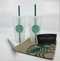 Starbucks Reusable Hard Plastic Venti 24 oz Frosted Ice Cold Drink Cup With Lid and Green Straw w/Stopper-2 Set Plus A Bonus FREE 3rd STRAW with Stopper - 3 Straws Total Travel Gift Bundle (9 Items)