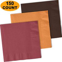 150 Lunch Napkins, Burgundy, Autumn Orange, Brown - 50 Each Color. 2 Ply Paper Dinner Napkins. 6.5" folded, 13.5" unfolded.