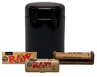 RAW Natural Unrefined 1 1/4 Rolling Paper, RAW 79mm Roller, RAW 1 1/4 Metal Paper Case, with Leaf Lock Gear Air-Tight UV Glass Stash Jar - 4 Item Bundle