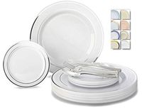 " OCCASIONS" 600 Pcs Set & 120 Guest Wedding Disposable Plastic Plate & Silverware Combo Set (White & Silver Rim plates, Silver Silverware)