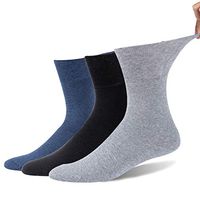 Forcool Diabetic Socks Wide, 3 Pairs Cotton Non Binding Loose Top Full Cushion Diabetes Edema Crew Socks for Big and Tall with Non Binding Top Seamless Toe, Black/Gray/Blue Large