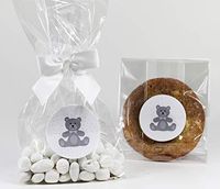 Teddy Bear Gender Neutral Baby Shower Treat Party Favor Bags with Gray Stickers and Twist-Tie Satin Bows. Set of 10 Clear Cellophane Goodie Gift Bags, Bows and Stickers, Gray, White