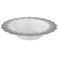 Elegant Disposable Plastic Dinnerware - White Soup/Salad Bowl with Silver Lace Trim - Hard & Reusable, Real China Look Party Plates - 7.5" Inch - 12 Count (Silver)