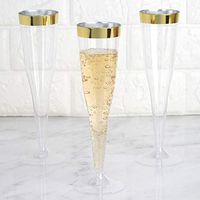 BalsaCircle 24 pcs 6 oz Clear with Gold Rim Plastic Champagne Flutes Glasses - Disposable Wedding Party Catering Tableware