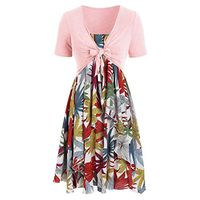 Womens Floral Print Midi Dresses Sleeves Bow Knot Bandage Suit Summer Casual Cardigan Tops Vintage Straps Mini A-Line Tshirt Dress Loose Swing Flowy Pleated Floral Sun Dress