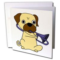 3dRose Funny Cool Pug Dog Playing Trombone Cartoon for Dog Lovers - Greeting Card, 6" x 6", Single (gc_254044_5)