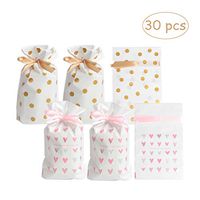 yalansmaiP 30 Packs Treat Bags with Drawstring Gift Bags, Plastic Candy Cookies Party Favor Bags for Christmas Wedding Party Birthday Engagement Holiday - Pink Love Heart, Gold Polka Dot