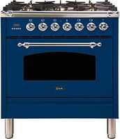 Ilve UPN76DMPBLX Nostalgie Series 30 Inch Dual Fuel Convection Freestanding Range, 5 Sealed Brass Burners, 3 cu.ft. Total Oven Capacity in Blue, Chrome Trim (Natural Gas)