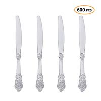 Plastic Silver Knives Heavyweight 600 Pcs - Heavy Duty Fancy Baroque Silverware - Disposable Knife Party Set - Bulk Cutlery Utensils Flatware Supplies For Wedding, Easter, Birthday & All Occasions