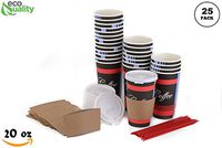 LARGE COMBO Set of 25-20oz - Paper Coffee Hot Cups, White Tear Back Lids, Sleeves & Stirrers - Disposable Coffee Cups, To Go Travel Mug, Office/Party Pack, Hot/Cold Coffee, Tea & Chocolate, Latte