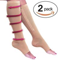 Lingssss Zipper Compression Socks Medical, 2 Pair Toeless Nurse Zip Compression Socks with Zipper Easy on off 15-20 mmHg for Varicose Veins, Edema, Swollen Sore Legs (nude, xl/xxl)