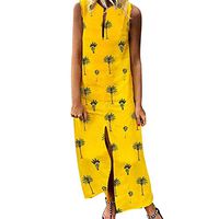 Lefthigh Women's V-Neck Sleeveless Maxi Dress Printed Split Loose Dress Yellow