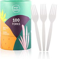 eqoware Certified Compostable Forks Made from Plants | 100 Pack | 7" Large, Sturdy & Heat Resistant | Convenient Serving & Storage Holder | Design-led Eco Friendly Disposable Forks for Homes & Offices