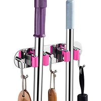 QTKJ Mop Holder Organizer Stainless Steel Multifunctional Storage Rack Broom Holder Garage Kitchen Tool Hanger for Kitchen Bathroom (Pink)