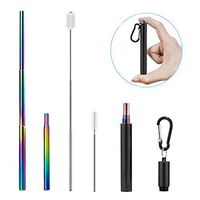 HJYuan Portable Collapsible Reusable Straws | Rainbow Metal Straw | Telescopic Stainless Steel Travel Drinking Straws and Aluminum Case | Cleaning Brush & Keychain (Black Case)