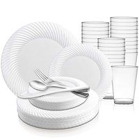 360 Piece Elegant Disposable Plastic Dinnerware Set for 60 Guests - Fancy Round White Swirl Rim Dinner Plates, Appetizer Plates, Silverware Set & Cups For Wedding, Easter, Birthday & All Occasions