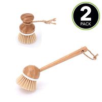 Kitchen Brush Scrubber Set with Holder-Eco Bamboo Round Mini Palm and Long Hold Handle Brushes for Dishes,Pans,Pots,Kitchen Sink,Bathroom,Cast Iron Skillet,Household Cleaning-White/Natural Wood-2 Pack