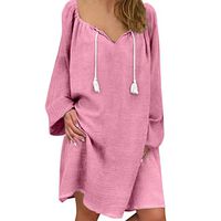 NEARTIME💎Short Blouse Dress for Women-Ladies Long Sleeve Dresses Casual Loose O-Neck Knee Length Skirts Pink