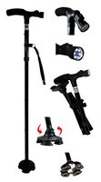 Sturdy Lightweight Folding Cane/Walking Stick features a Pivoting Self-standing Quad Base, Adjustable LED Light & Cushion Handle