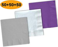 150 Beverage Napkins, Shimmering Silver, Bright White, Amethyst - 50 Each Color. 2 Ply Paper Cocktail Napkins. 5" folded, 10" unfolded.