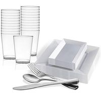 Disposable Plastic Dinnerware Set for 120 Guests - Includes Fancy Square Clear Dinner Plates, Rectangle Dessert/Salad Plates Silverware Set/Cutlery & Cups For Wedding, Birthday Party & Other Occasions