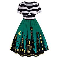 Womens Halloween Dresses Sleeveless A-Line Vintage Dress Witch Pumpkin Skull Printed Cocktail Swing Party Dress Costumes Green
