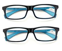 2 Pairs Fashion Rectangular Readers With Red Line on Temple Reading Glasses (Black/Blue, 2.00)