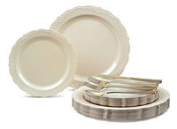 " OCCASIONS" 150pcs set (25 Guests)-Vintage Wedding Plastic Plates & cutlery -Disposable Dinnerware 10'', 7.5'' + Silverware w/double fork (Verona Ivory)