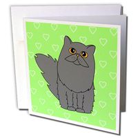 3dRose Grey Long-haired / Persian Cat Green Hearts - Greeting Cards, 6 x 6 inches, set of 6 (gc_6088_1)