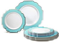 " OCCASIONS" 50 Plates Pack (25 Guests)-Heavyweight Wedding Party Disposable Plastic Plate Set -25 x 10.5'' Dinner+25 x 8'' Salad/Dessert (Imperial in White/Turquoise Blue & Silver)